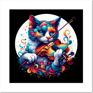 Devon Rex Cat Playing Violin Posters and Art